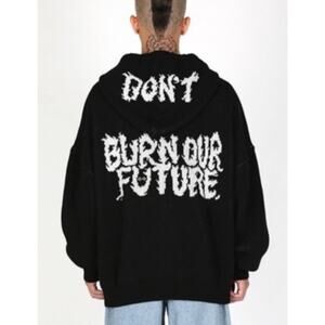 AJOBYAJO Don’t Burn Our Future Zip Wool Sweater Hoodie Korean Streetwear XL